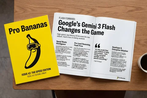 Glossy Magazine Article Spread — Nano Banana 2 AI Prompt: Use search to find how the Gemini 3 Flash launch has been received. Use this inf...