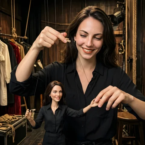 Puppeteering Your Own Double — Nano Banana 2 AI Prompt: ekteki kişi, bir tiyatro kulisinde kendisinin kopya kuklasını (marionette) parma...