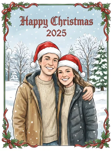 Christmas Greeting Card Design — Nano Banana 2 AI Prompt: a faithfully illustrated Christmas card design featuring the couple in Christmas...