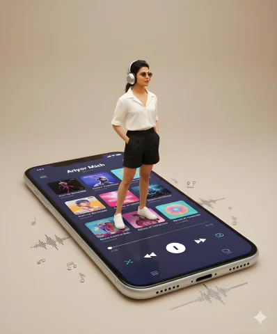 Person Standing on Giant Smartphone — Nano Banana 2 AI Prompt: Using the uploaded image for accurate facial likeness, create a surreal, modern...