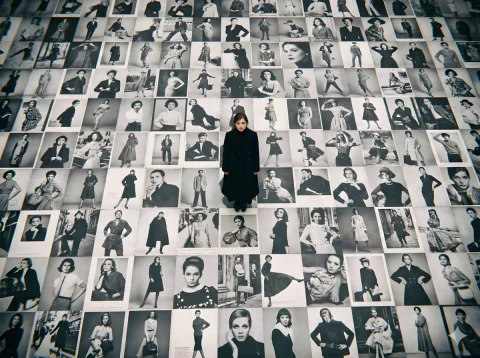 Model Standing on Black & White Billboards — Nano Banana 2 AI Prompt: This high-resolution bird's-eye view photograph was taken with a LOMO Ic-a. The...