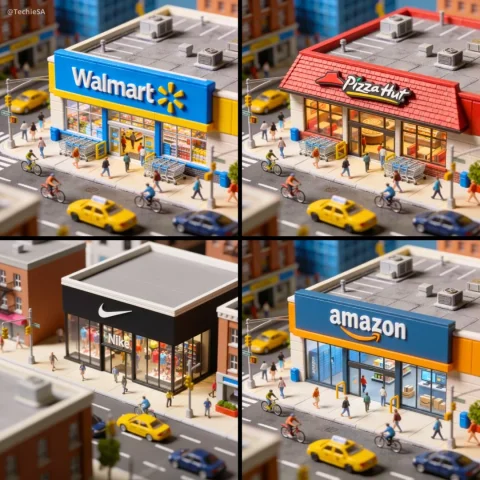 Miniature Brand Store — Nano Banana 2 AI Prompt: A dynamic aerial view of a bustling city street, focusing on a miniature [BRAND]...
