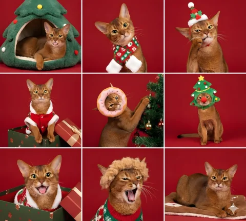 Christmas Pet Sudoku — Nano Banana 2 AI Prompt: 圣诞红色背景，九宫格排版（3×3），展示同一只宠物在九种不同的圣诞主题装扮状态。...