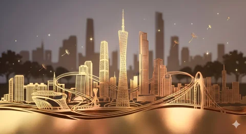 Paper-cut Style Zhujiang New Town — Nano Banana 2 AI Prompt: 以珠江新城现代都市景观为灵感的剪纸艺术，通过精巧的镂空手法在一整幅纸上，立体刻画...