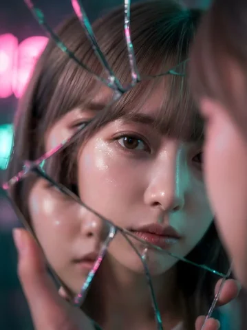 Fractured Gaze — Nano Banana 2 AI Prompt: A cinematic close-up portrait capturing the specified woman through a fragmented...