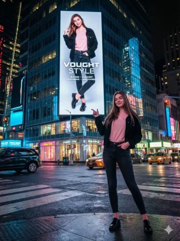 Characters Appear on Giant Digital Billboards — Nano Banana 2 AI Prompt: Young stylish woman with long straight brown hair. Subtle, confident smile. Soft...