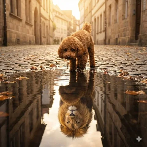 Small Body, Lion Heart — Nano Banana 2 AI Prompt: A small, reddish-brown poodle with curly fur and expressive dark eyes is standin...