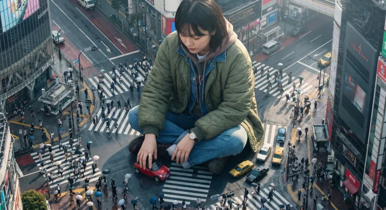 Giant Korean Woman in Bustling Street
