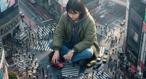 Giant Korean Woman in Bustling Street — Nano Banana 2 AI Prompt: A highly detailed photorealistic aerial shot looking down on a colossal Korean y...