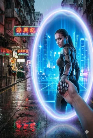 Real-World Portal Anime Character Crossover Scene — Nano Banana 2 AI Prompt: A glowing oval portal stands between {Real_World_Scene} and {Portal_Inner_Scene}...
