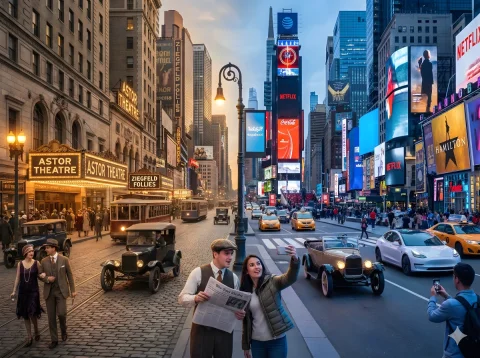 Seamlessly Blending Two Different Eras — Nano Banana 2 AI Prompt: A horizontal split-screen cinematic shot of {Scene}, seamlessly blending two dif...