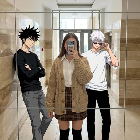 Reality-Distorting Mirror Selfie with Multimedia Elements — Nano Banana 2 AI Prompt: Create a mixed-media reality-bending mirror selfie / blending 2D anime character...