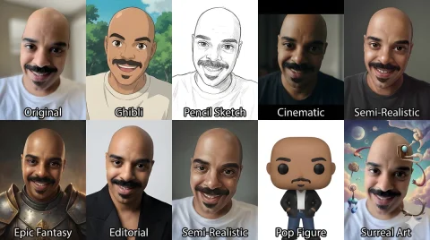Explore Different Art Styles at Once — Nano Banana 2 AI Prompt: A 3x3 grid collage layout featuring the same man in 9 different art styles. The...