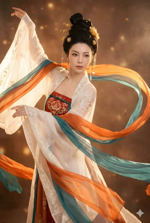 A young woman dressed in lavish Tang Dynasty attire