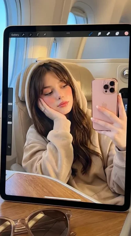 Woman Reflected on iPad Screen on Plane Tray Table