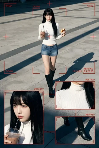 Cyber-Grunge Surveillance Fashion Editorial — Urban Japanese Street Icon — Nano Banana 2 AI Prompt: A cyber-grunge surveillance-style fashion editorial featuring a young, beautiful...