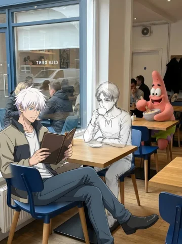 Multiverse Café: When Three Universes Sit at One Table — Nano Banana 2 AI Prompt: Edit this cafe photo by adding three well-known characters in different art styl...