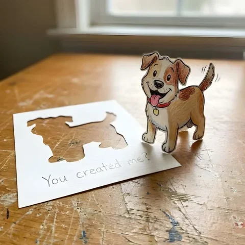 Whimsical Handmade Paper Art Creations — Nano Banana 2 AI Prompt: A whimsical handmade paper artwork on a wooden desk: a hand-drawn cartoon 【dog...