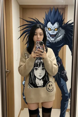 Selfie with 2D Anime Illustration — Nano Banana 2 AI Prompt: Create a Gen Z anime-core streetwear mirror selfie blending [UPLOADED IMAGE] wit...