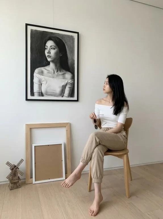 A woman sits barefoot and cross-legged on a simple wooden chair.