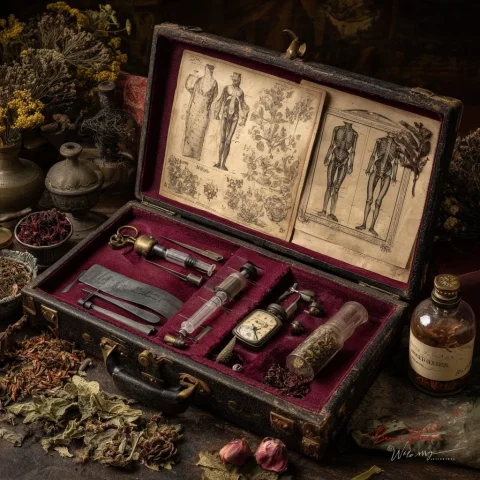Medical Kit of a Victorian Surgeon Laid Out — Nano Banana 2 AI Prompt: A Victorian surgeon's medical kit laid open on aged leather, featuring antique b...