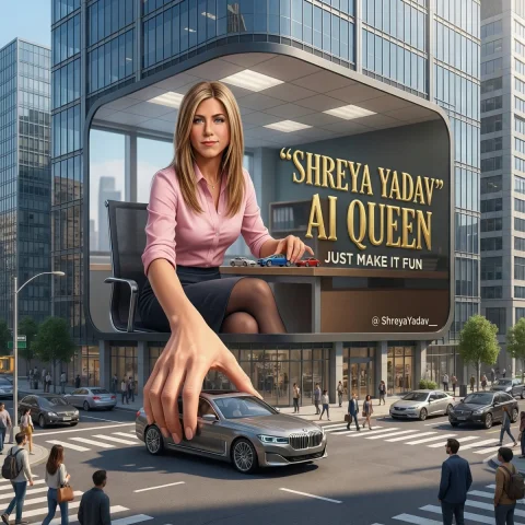 Rachel on giant curved 3D fashion billboard — Nano Banana 2 AI Prompt: A giant fashion curve edge 3D anamorphic billboard on the side of a modern build...