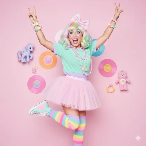 Rainbow-Haired Girl — Nano Banana 2 AI Prompt: Hyper-colorful studio. background. Pastel pink wall, decorated with 80s/90s retr...
