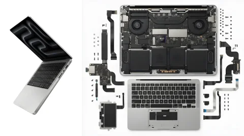 MacBook Pro Laptop Teardown — Nano Banana 2 AI Prompt: An extreme disassembly of a MacBook Pro laptop, presented in a split-screen comp...