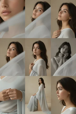 3x3 Grid Composition Photography — Nano Banana 2 AI Prompt: Editorial 3x3 grid in soft golden-beige studio. Character (face characteristics...