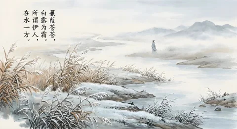 Painting Based on Ancient Poetry — Nano Banana 2 AI Prompt: The reeds are luxuriant and green, the white dew turns to frost. The one I long...