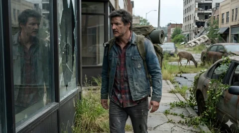 Cinematic Photo — Nano Banana 2 AI Prompt: description. A rugged male survivor walking through an overgrown city street. mi...