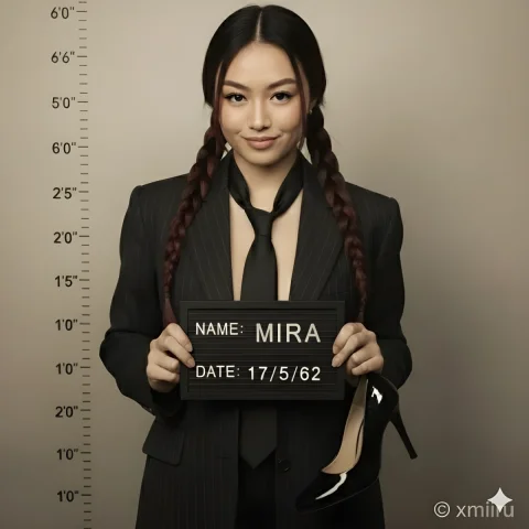 Woman in Suit Posing Like Mugshot — Nano Banana 2 AI Prompt: description. A high-resolution hyper-realistic 8K HD portrait photograph capture...