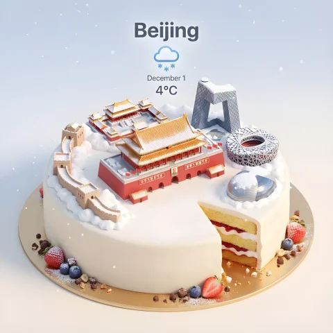 City Landmark Cake — Nano Banana 2 AI Prompt: On top of an exquisite round cream cake, present a miniature 3D cartoon cityscap...