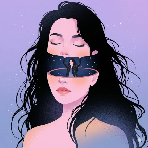 Miniature Self Standing Inside Head Cavity — Nano Banana 2 AI Prompt: "A surreal, whimsical digital illustration of a young woman with pale pink skin...