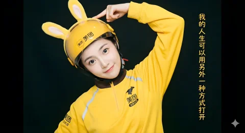 Food Delivery Rider Portrait — Nano Banana 2 AI Prompt: A half-body portrait shot in a bright photography studio. A beautiful East Asian...
