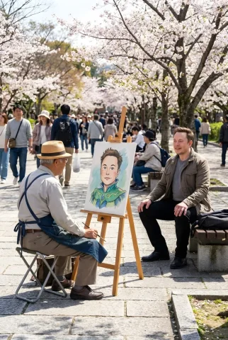 Musk Painting in the Park — Nano Banana 2 AI Prompt: Create a realistic outdoor scene featuring a Japanese painter creating a portrai...