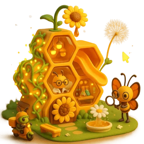 Bee Science City — Nano Banana 2 AI Prompt: Create a 3D chibi-mini style image of a honeycomb-structured sweet research base...