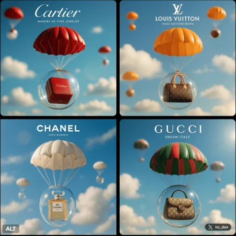 Luxury Brand Items Falling from Sky — Nano Banana 2 AI Prompt: Create a image with 1:1 ratio a dreamy brand ad of [Brand], a brand designed bub...