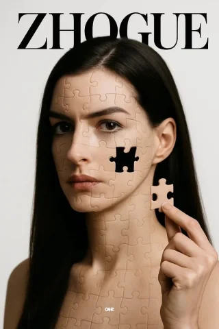 Hyperrealistic Puzzle Portrait — Nano Banana 2 AI Prompt: High-resolution studio portrait of a stunning young model "Anne Hathaway" as the...
