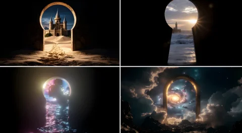 World Through a Keyhole — Nano Banana 2 AI Prompt: looking through a [MATERIAL] keyhole towards a mythical [WORLD] dark fantasy, [v...