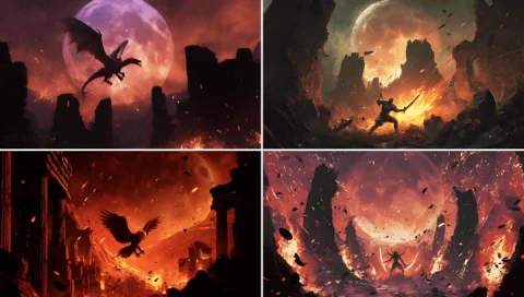 Duel Under the Blood Moon — Nano Banana 2 AI Prompt: [SUBJECT] in a cinematic painting, battling amid crumbling ruins under a colossa...