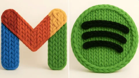 Handmade Yarn Texture — Nano Banana 2 AI Prompt: Crea un render 3D fotorrealista de este logo hecho con hilo grueso y tejido a ma...