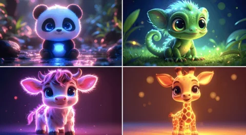 Neon Glow Cute Animals — Nano Banana 2 AI Prompt: bioluminescent cute [ANIMAL], kawaii, chibi, [COLOR] neon backlit, 3d cartoon, b...