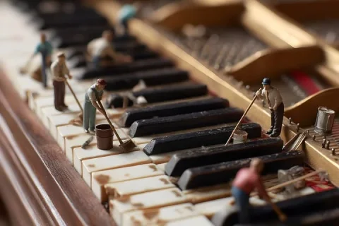 Tiny Figures Cleaning Piano Keys — Nano Banana 2 AI Prompt: tilt-shift photo of a grand piano keyboard, side view from the left looking alon...