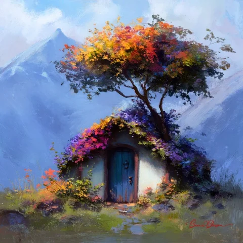 Miniature House Made of Flowers — Nano Banana 2 AI Prompt: A small house made of flowers, a tree with colorful leaves growing on top and ar...