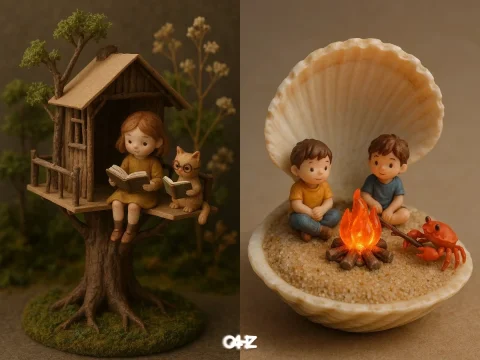 Adorable Miniature Scenes — Nano Banana 2 AI Prompt: [Style] miniature handcrafted diorama. [Material] tree branches, cardboard, clay...