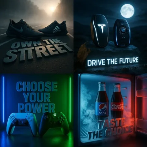 Choose Your Faction — Nano Banana 2 AI Prompt: A dramatic cinematic scene featuring two rival products placed side by side in a...