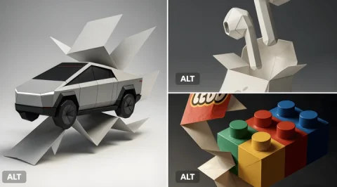 Brand Origami — Nano Banana 2 AI Prompt: A flat branded paper folds itself into the full 3D shape of a [insert product or...