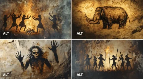 Cave Paintings — Nano Banana 2 AI Prompt: A cave painting of a [subject], rendered with primitive ochres and charcoal line...