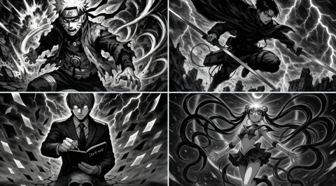 Black and White Comic Style Illustration — Nano Banana 2 AI Prompt: Highly dramatic and epic black and white manga-style illustration of [Your chara...